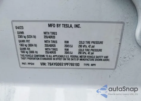 2023 Tesla Model Y Awd/Long Range Dual Motor All-Wheel Drive из США, поврежденный, VIN 7SAYGDEE1PF765193
